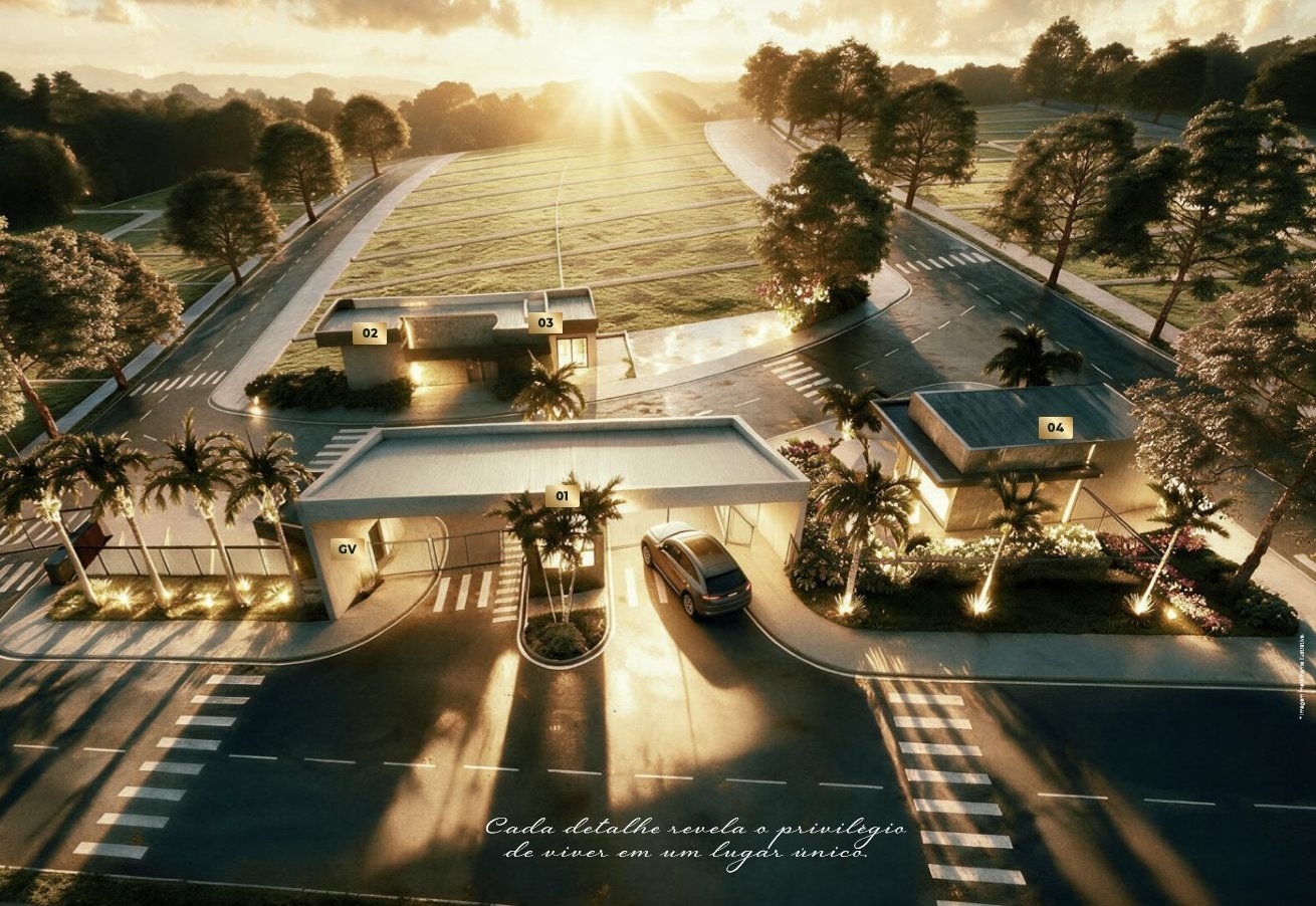 Praça de entrada com portaria, academia, mercado e espaço gourmet iluminados ao entardecer
