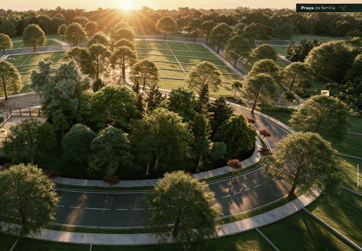 Vista aérea da Praça da Família e das ruas internas do residencial ao pôr do sol